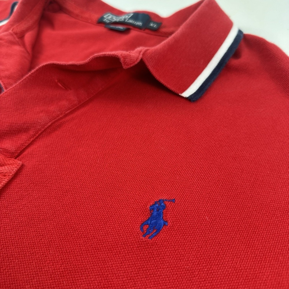 Vtg Ralph Lauren Mens XL Polo Shirt Red Navy Blue Pony Rugby Golf Short Sleeve - Picture 3 of 13